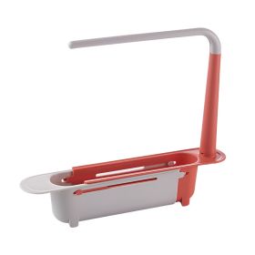 1pc Telescopic Sink Storage Rack Holder; Adjustable 2-in-1 Sink Organizer; Expandable Sink Basket; Sink Drain Rack; Sink Tray; Sponge Holder+Dish (Color: Red)